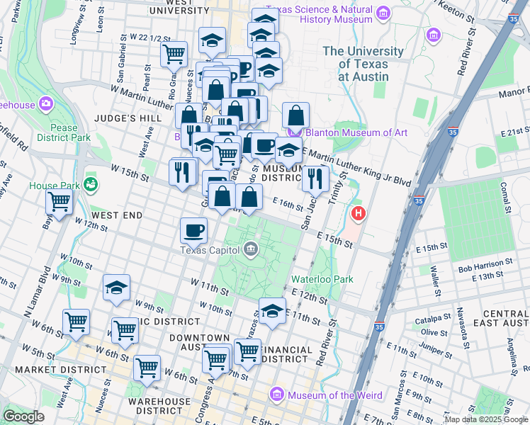 map of restaurants, bars, coffee shops, grocery stores, and more near in Austin