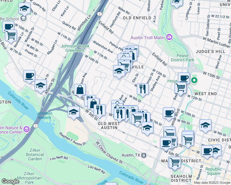 map of restaurants, bars, coffee shops, grocery stores, and more near 900 West Lynn Street in Austin