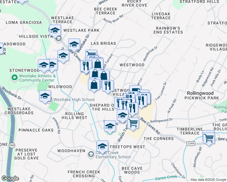 map of restaurants, bars, coffee shops, grocery stores, and more near 200 Blue Ridge Trail in Austin