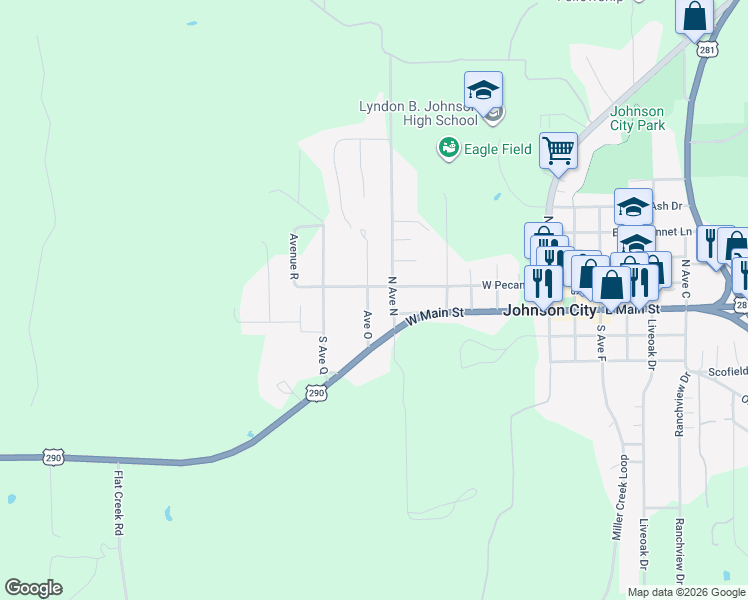 map of restaurants, bars, coffee shops, grocery stores, and more near 701 West Pecan Street in Johnson City