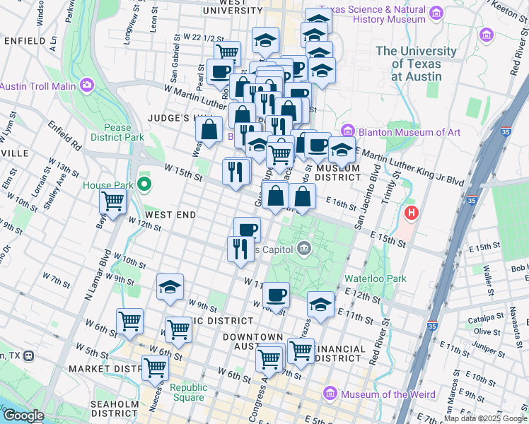 map of restaurants, bars, coffee shops, grocery stores, and more near 1400 Lavaca Street in Austin