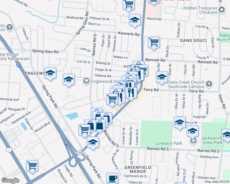 map of restaurants, bars, coffee shops, grocery stores, and more near 4429 Kennedy Court in Jacksonville