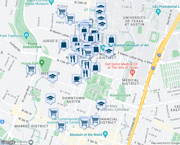 map of restaurants, bars, coffee shops, grocery stores, and more near 1414 Colorado Street in Austin