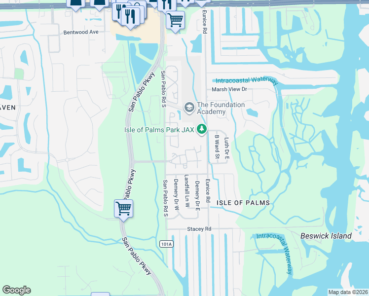 map of restaurants, bars, coffee shops, grocery stores, and more near 3875 San Pablo Road South in Jacksonville
