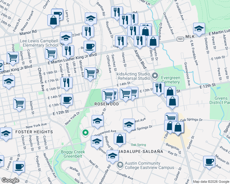 map of restaurants, bars, coffee shops, grocery stores, and more near 1306 Clifford Avenue in Austin