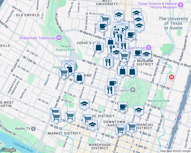 map of restaurants, bars, coffee shops, grocery stores, and more near 1402 Nueces Street in Austin
