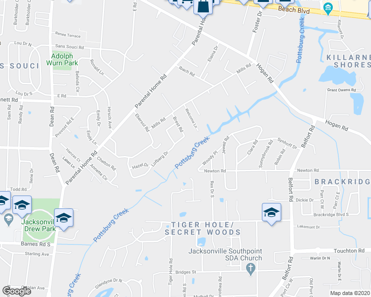 map of restaurants, bars, coffee shops, grocery stores, and more near 2414 Lofberg Drive in Jacksonville