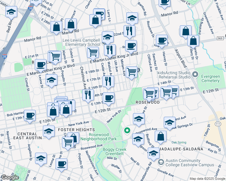 map of restaurants, bars, coffee shops, grocery stores, and more near 2608 East 14th Street in Austin