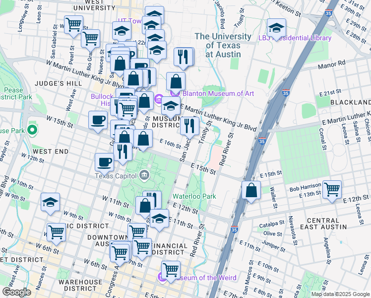 map of restaurants, bars, coffee shops, grocery stores, and more near 401 East 16th Street in Austin