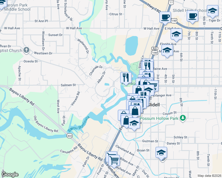 map of restaurants, bars, coffee shops, grocery stores, and more near 49 Chamale Cove in Slidell