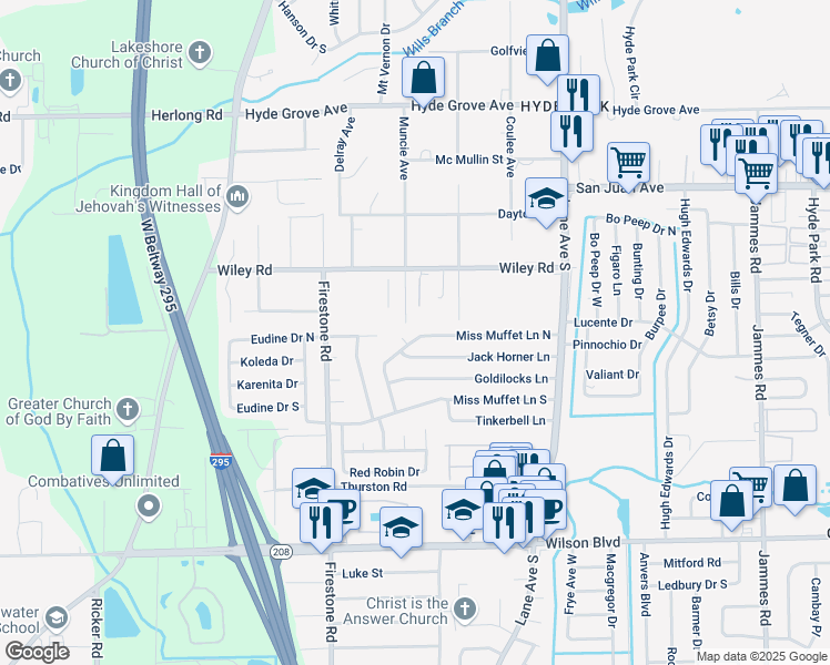 map of restaurants, bars, coffee shops, grocery stores, and more near 6965 Miss Muffet Lane North in Jacksonville