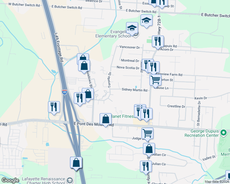 map of restaurants, bars, coffee shops, grocery stores, and more near 315 Sidney Martin Road in Lafayette