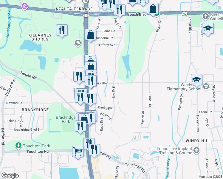 map of restaurants, bars, coffee shops, grocery stores, and more near 3813 Eve Drive East in Jacksonville