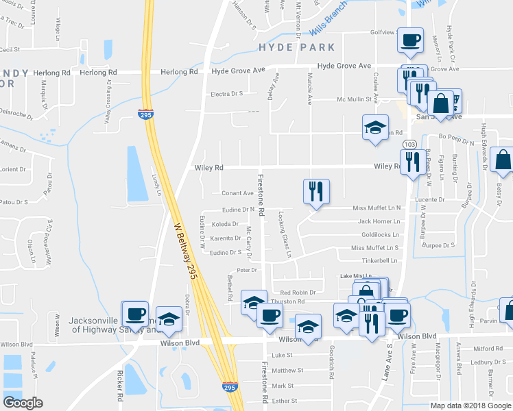 map of restaurants, bars, coffee shops, grocery stores, and more near 7104 Conant Avenue in Jacksonville