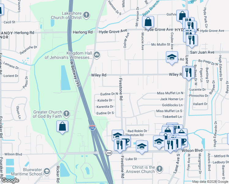 map of restaurants, bars, coffee shops, grocery stores, and more near 7104 Conant Avenue in Jacksonville