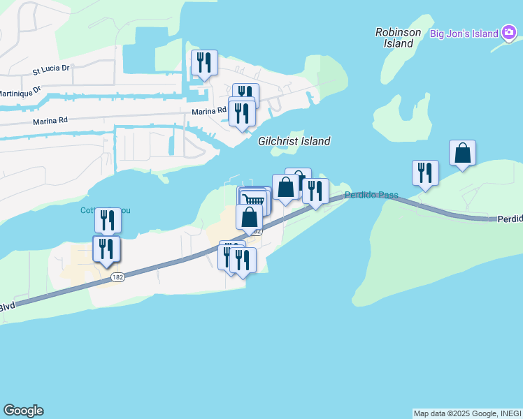 map of restaurants, bars, coffee shops, grocery stores, and more near 3542 Bayou Road in Orange Beach