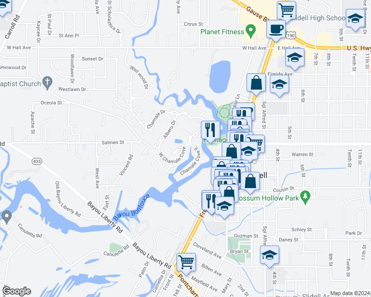 map of restaurants, bars, coffee shops, grocery stores, and more near 74 Chamale Cove in Slidell