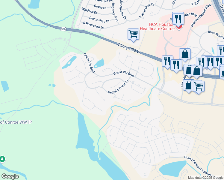 map of restaurants, bars, coffee shops, grocery stores, and more near 142 Coral Bells Court in Conroe