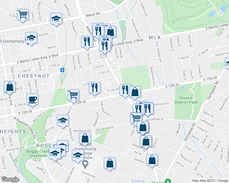 map of restaurants, bars, coffee shops, grocery stores, and more near 3100 East 13th Street in Austin
