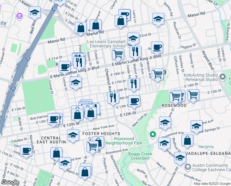 map of restaurants, bars, coffee shops, grocery stores, and more near 2304 East 16th Street in Austin