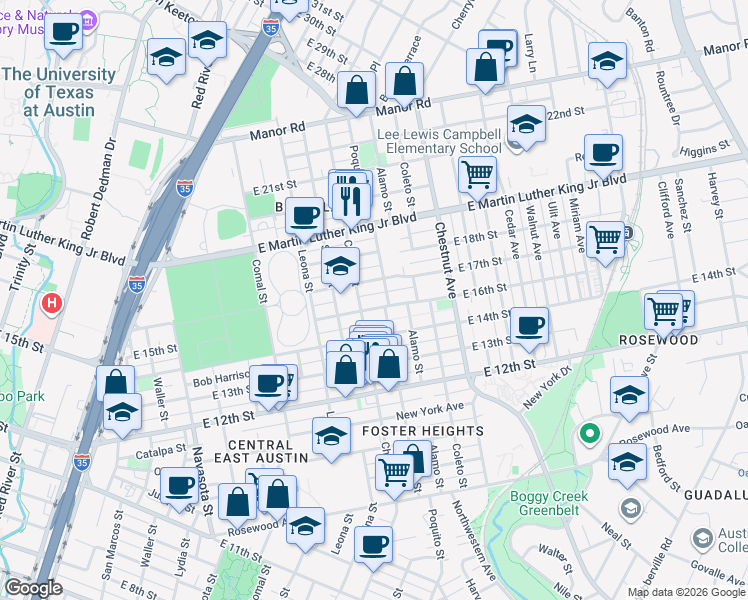 map of restaurants, bars, coffee shops, grocery stores, and more near 1607 Chicon Street in Austin