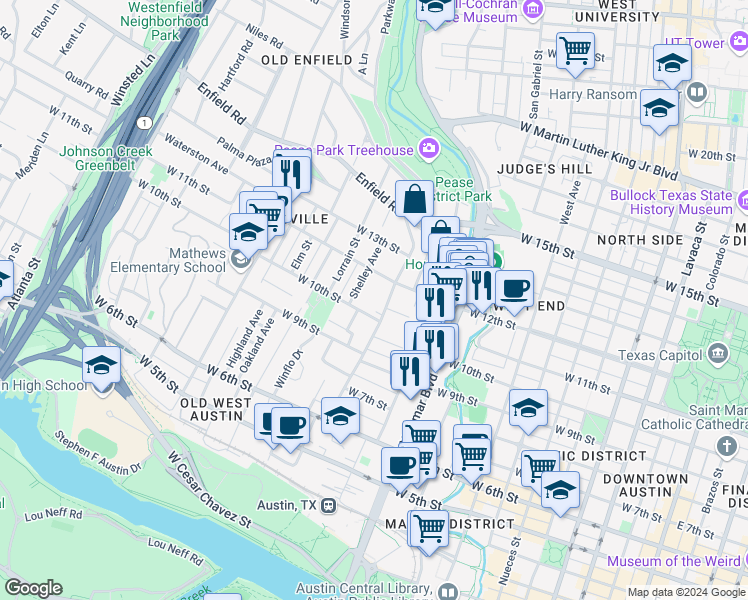 map of restaurants, bars, coffee shops, grocery stores, and more near 1108 Blanco Street in Austin