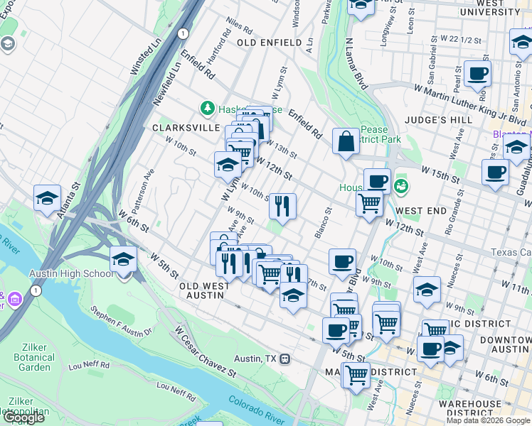map of restaurants, bars, coffee shops, grocery stores, and more near 910 Maufrais Street in Austin