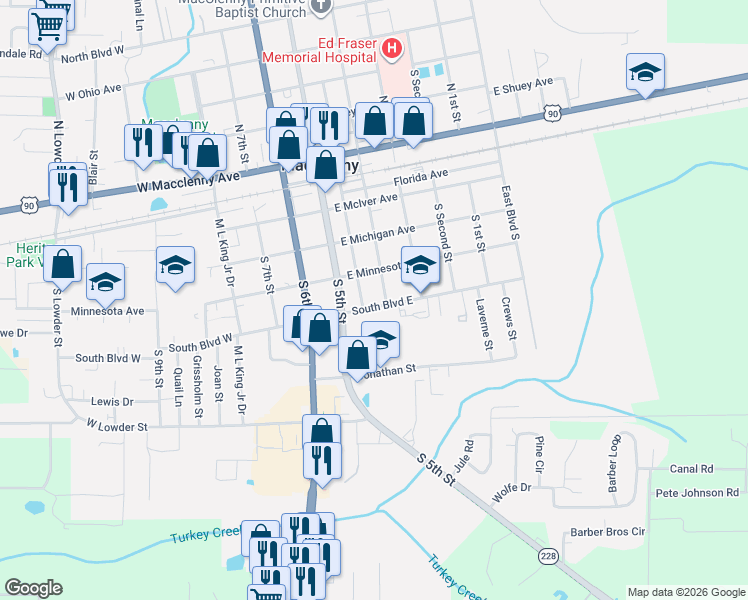 map of restaurants, bars, coffee shops, grocery stores, and more near 432 South College Street in Macclenny