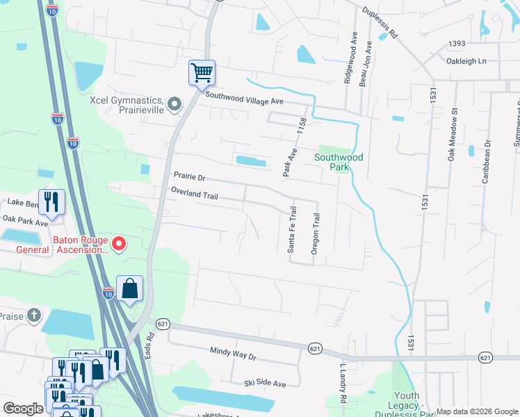 map of restaurants, bars, coffee shops, grocery stores, and more near 37394 Overland Trail in Prairieville