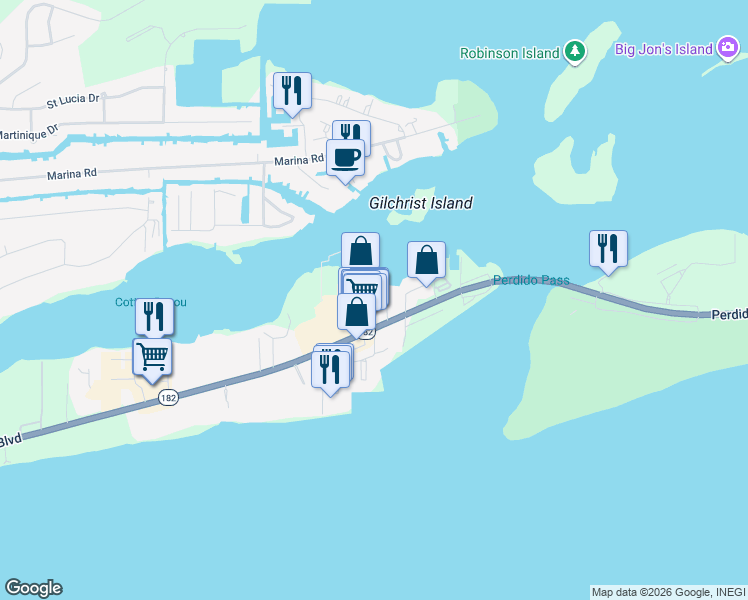 map of restaurants, bars, coffee shops, grocery stores, and more near 3542 Bayou Road in Orange Beach