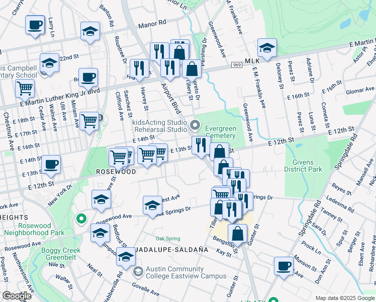 map of restaurants, bars, coffee shops, grocery stores, and more near 3111 East 13th Street in Austin