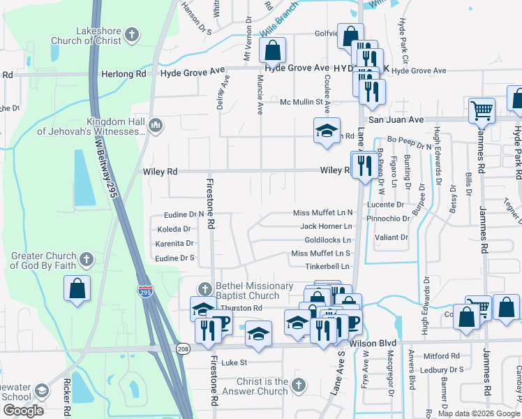 map of restaurants, bars, coffee shops, grocery stores, and more near 6979 Muffet Court in Jacksonville
