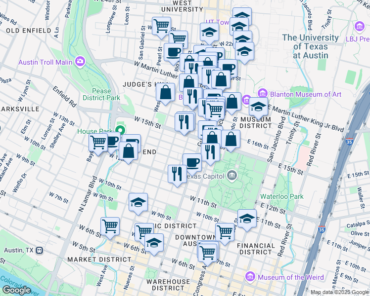 map of restaurants, bars, coffee shops, grocery stores, and more near San Antonio Street in Austin