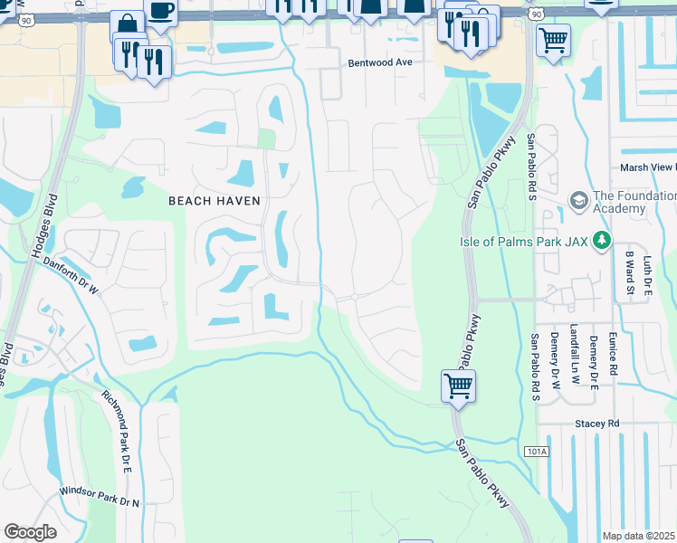 map of restaurants, bars, coffee shops, grocery stores, and more near 3736 Burnt Pine Drive in Jacksonville