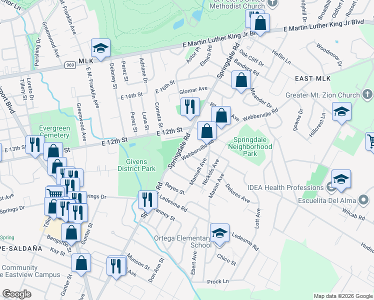 map of restaurants, bars, coffee shops, grocery stores, and more near 1169 Springdale Road in Austin