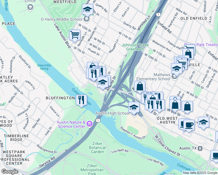 map of restaurants, bars, coffee shops, grocery stores, and more near 2034 Lake Austin Boulevard in Austin