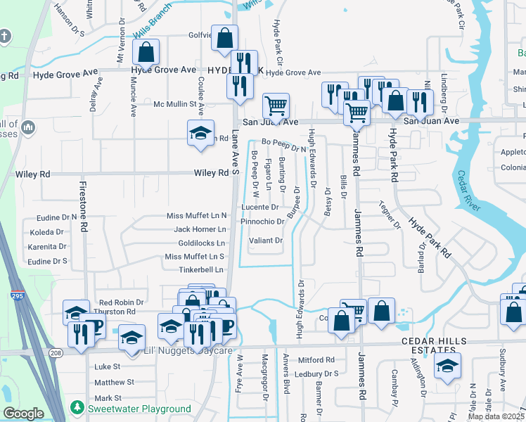 map of restaurants, bars, coffee shops, grocery stores, and more near 6642 Lucente Drive in Jacksonville