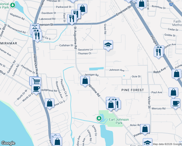 map of restaurants, bars, coffee shops, grocery stores, and more near 2131 Jernigan Road in Jacksonville