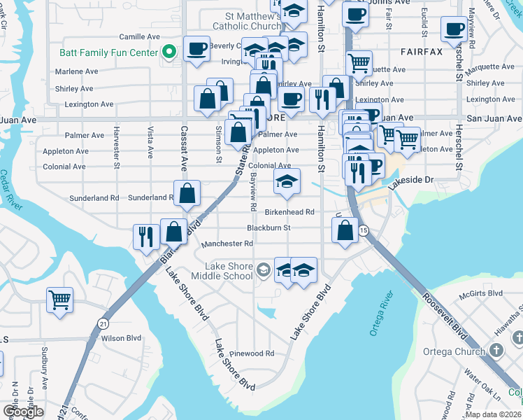 map of restaurants, bars, coffee shops, grocery stores, and more near 2263 Bayview Road in Jacksonville