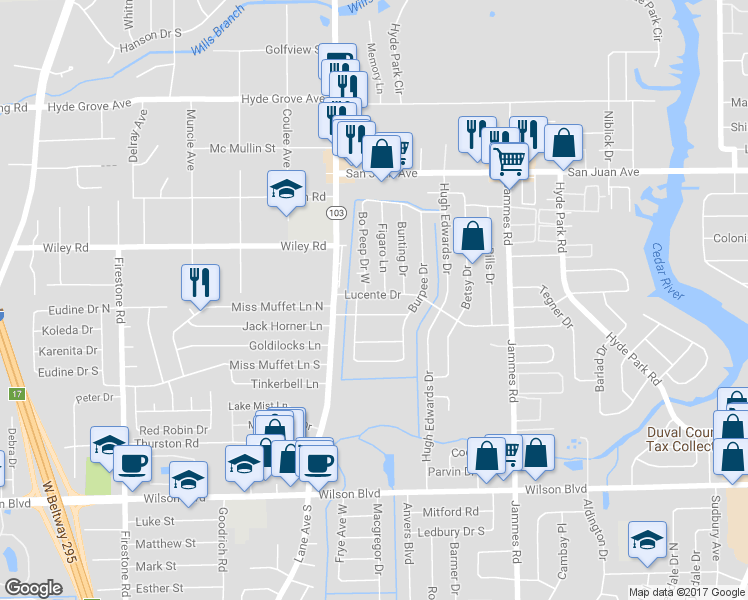 map of restaurants, bars, coffee shops, grocery stores, and more near 6626 Lucente Drive in Jacksonville