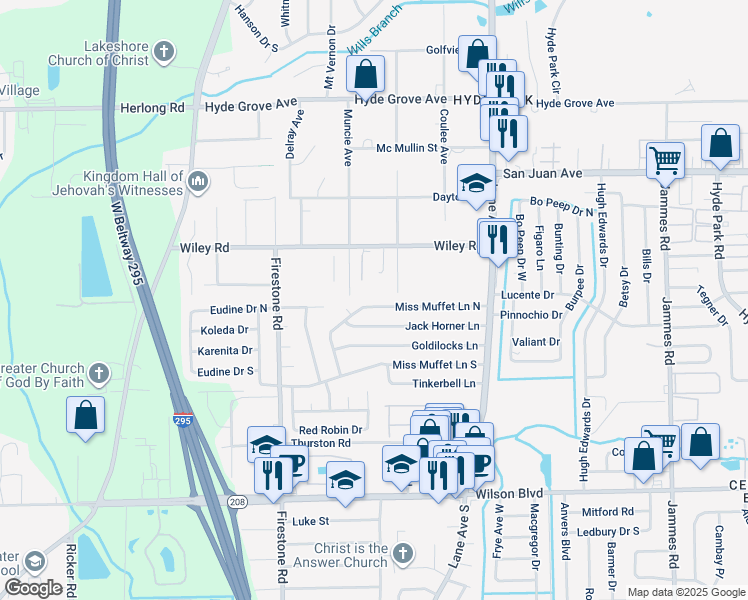 map of restaurants, bars, coffee shops, grocery stores, and more near 6941 Miss Muffet Lane North in Jacksonville