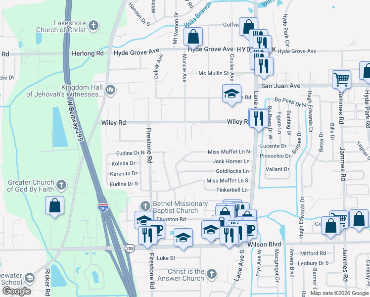 map of restaurants, bars, coffee shops, grocery stores, and more near 7007 Queen of Hearts Court in Jacksonville