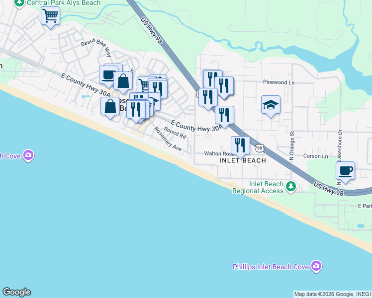 map of restaurants, bars, coffee shops, grocery stores, and more near 198 Round Road in Rosemary Beach
