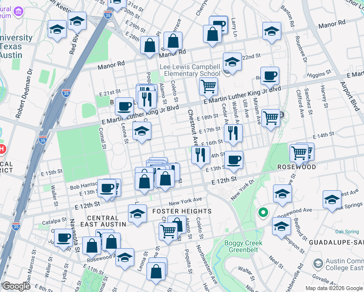 map of restaurants, bars, coffee shops, grocery stores, and more near 2114 East 16th Street in Austin