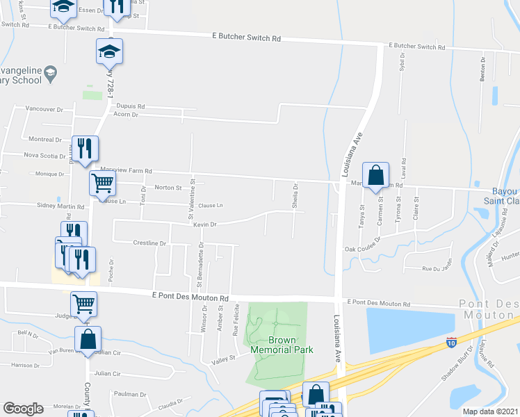 map of restaurants, bars, coffee shops, grocery stores, and more near 519 Kevin Drive in Lafayette