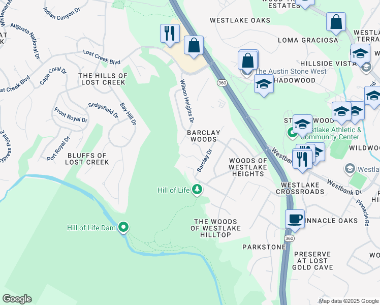 map of restaurants, bars, coffee shops, grocery stores, and more near 1604 Barclay Drive in Austin