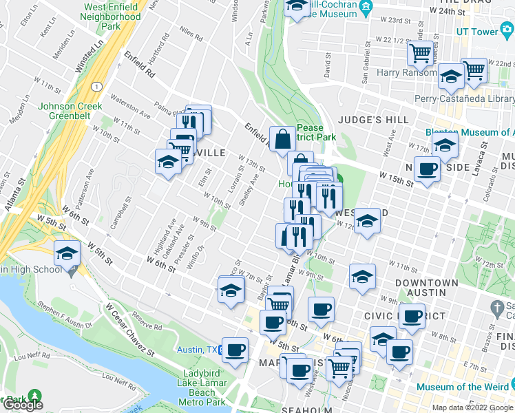map of restaurants, bars, coffee shops, grocery stores, and more near 1102 Blanco Street in Austin