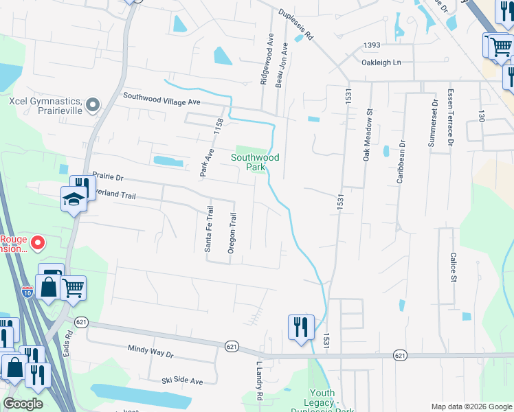 map of restaurants, bars, coffee shops, grocery stores, and more near 14274 Parkview Drive in Prairieville
