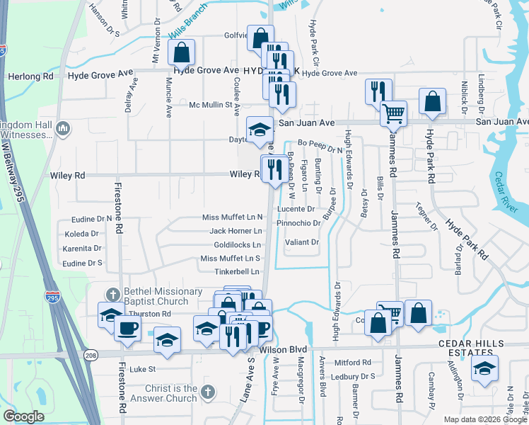 map of restaurants, bars, coffee shops, grocery stores, and more near 6749 Miss Muffet Lane North in Jacksonville