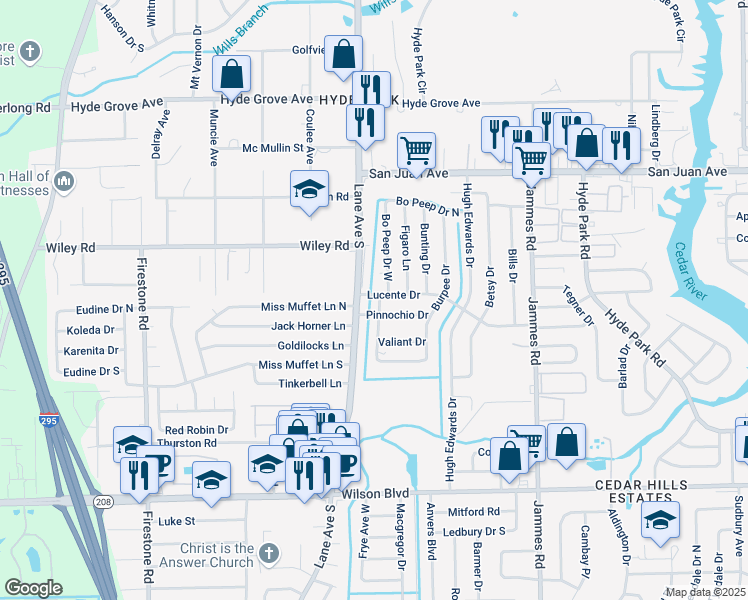 map of restaurants, bars, coffee shops, grocery stores, and more near 2202 Burpee Drive West in Jacksonville